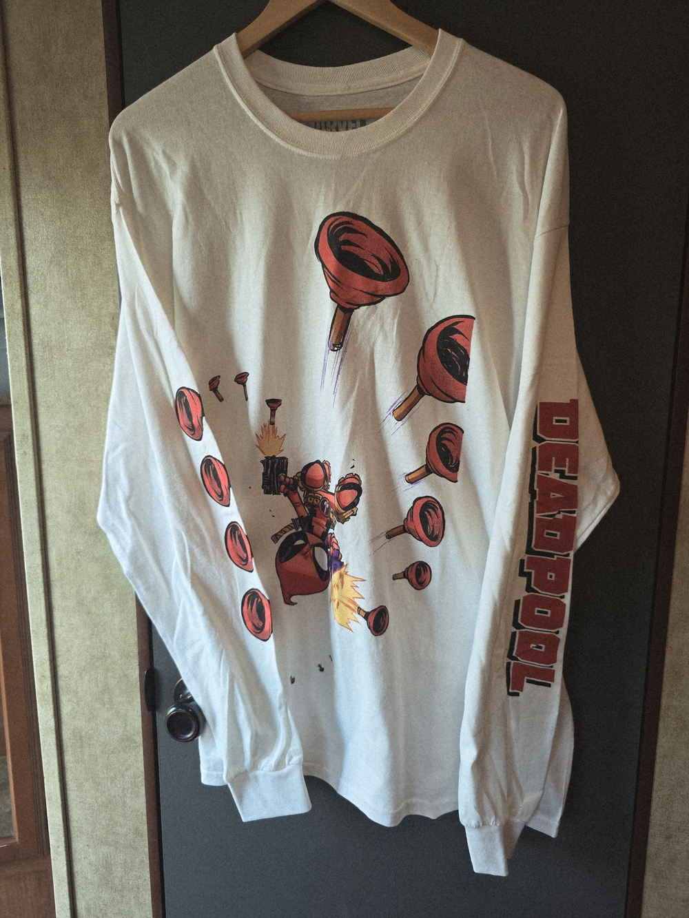 Marvel White Long Sleeve Deadpool Graphic Tee with Red Accents
